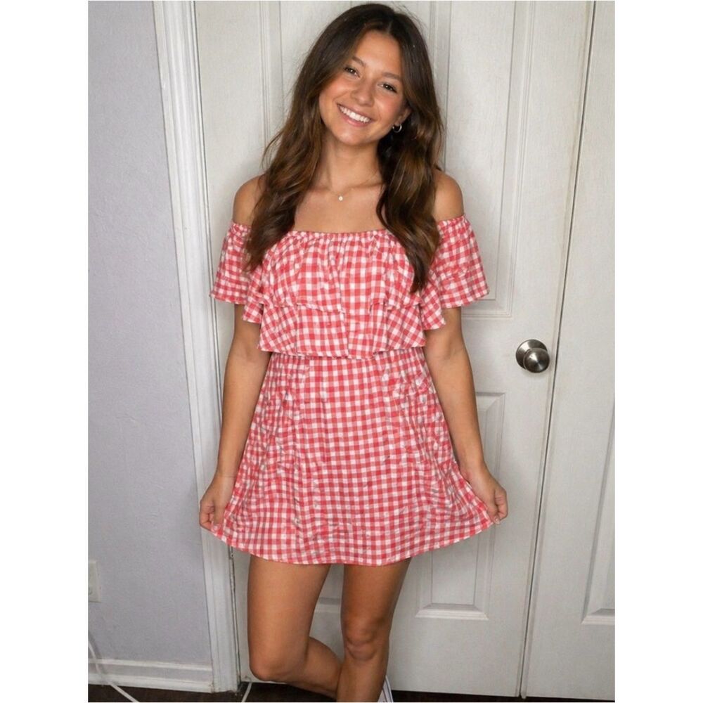 New Cupshe Pink White Gingham Plaid Off-Shoulder Ruffle Junior Dress Sz XL